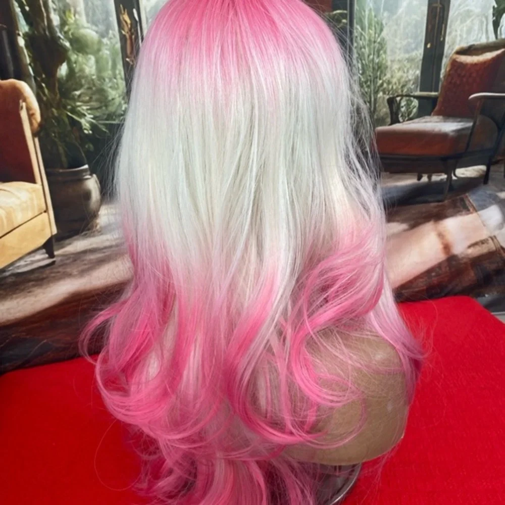White and hot pink wig with bangs